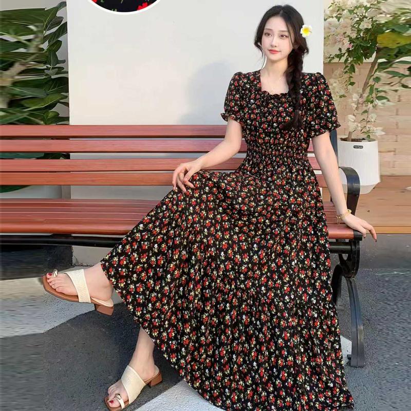 Summer Cotton Silk Floral Print Maxi Dress Bohemian Beachwear High Waist Young Women's Large Skirt Swing Dress