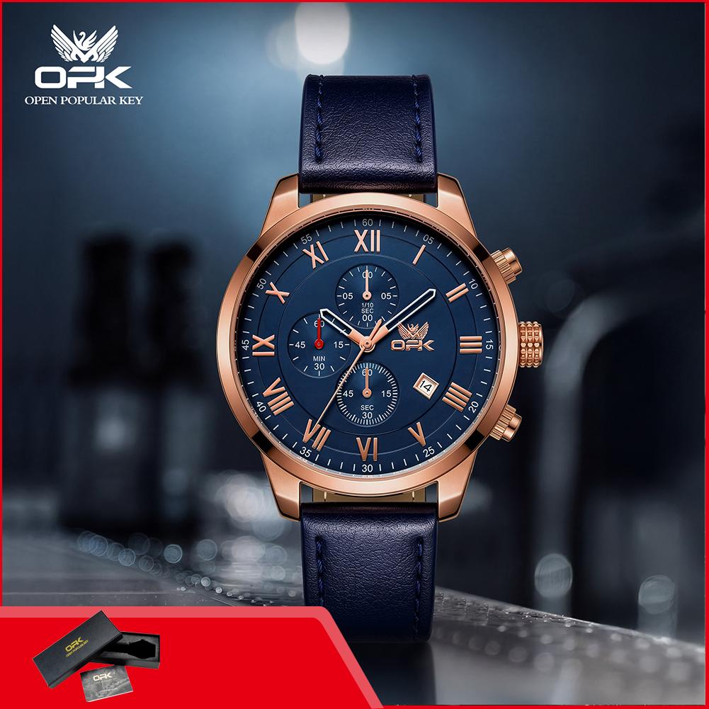 OPK 6099 Original Brand Chronograph Man Watch Leather Strap Auto Date Waterproof Sport Quartz Men's Luxury Wristwatch