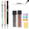 2.0mm Writing Pencil Mechanical Pencils With 2B Black / Color Lead Refill Eraser For Art Sketch Drawing School Office Stationery