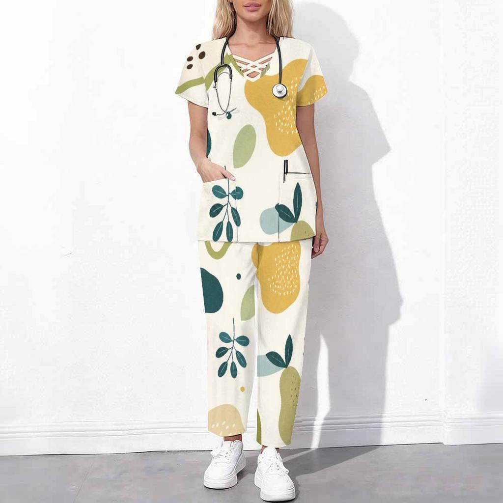 Women Plus Size Printed Scrub Set Crisscross Cutout Neck Short Sleeve Pockets Top Long Pants