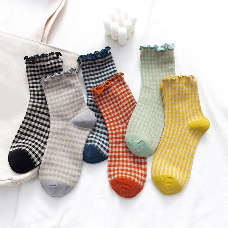 6Pairs Women Lolitas Crew Socks Cotton Bootie Socks Ruffle Frilly Ankle Dress Socks Sweet Calf Socks Princesses Socks
