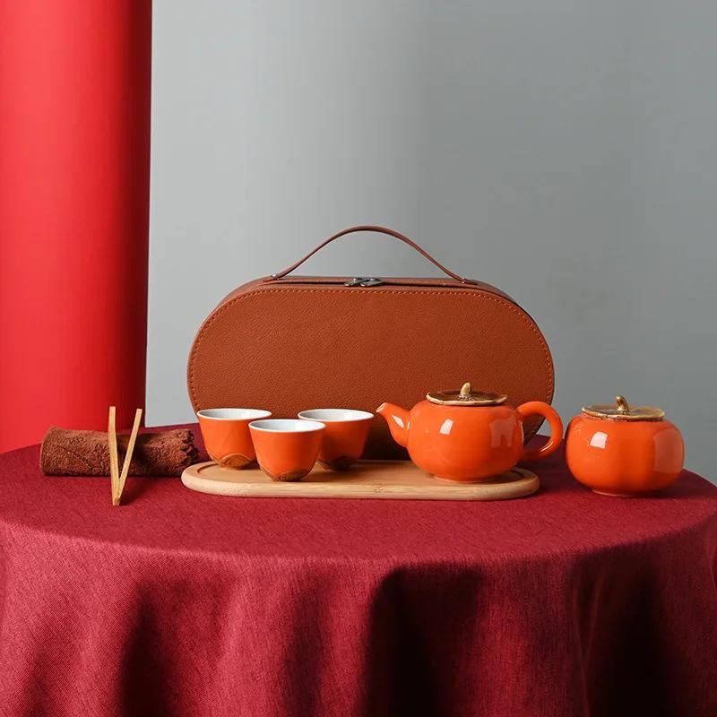 Chinese tea set persimmon set ceramic travel bag with tea tray Business gifts Quick cup gift tea set