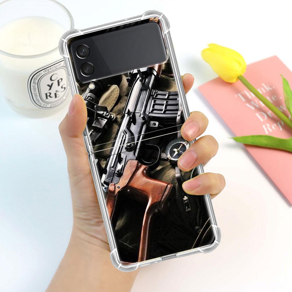 Luxury Case For Samsung Galaxy Z Flip 3 4 5G Funda Z Flip3 Clear PC Hard Shockproof Back Phone Shell AK47 Handgun Gun BUllets