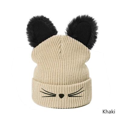 2025 Knitted Womens Cat Ears Imitation Mink Hat Skullies Fur Pom-pom Hat Female Hat Cute Hat