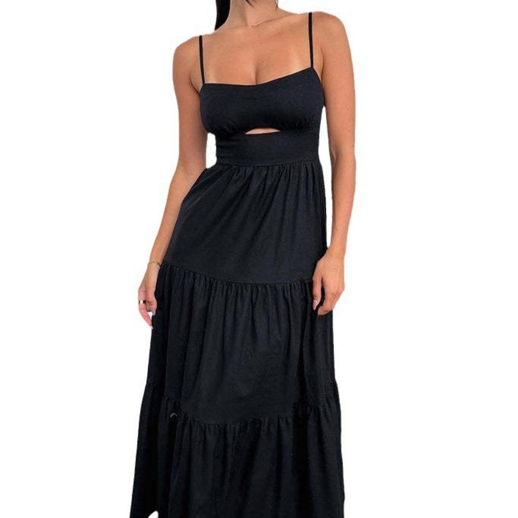 New Women's Elegant Solid Color Low-cut V-neck Suspender High Waist Flowy Maxi Long Dress For Party Evening Casual