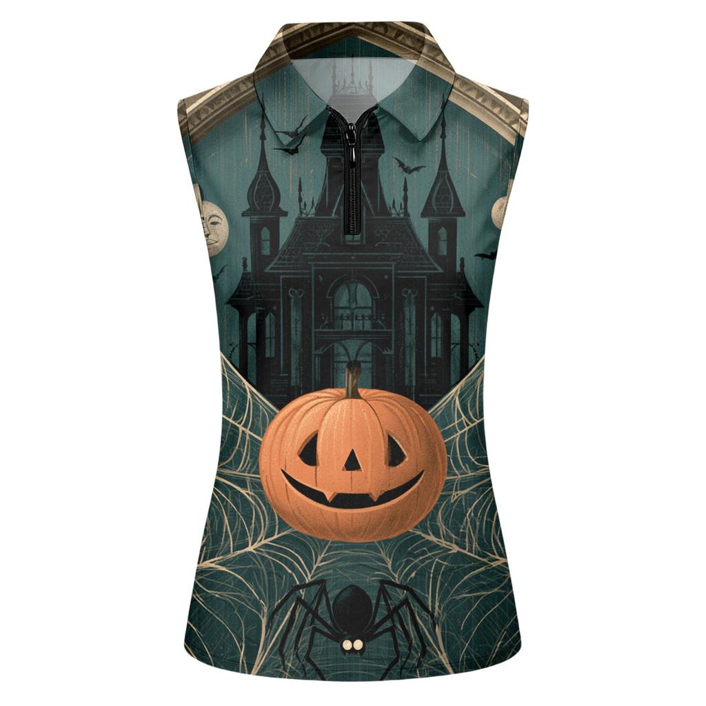 Women's Sleeveless Golf Shirt with Zip Front and Collar, Halloween Print Sporty Vest