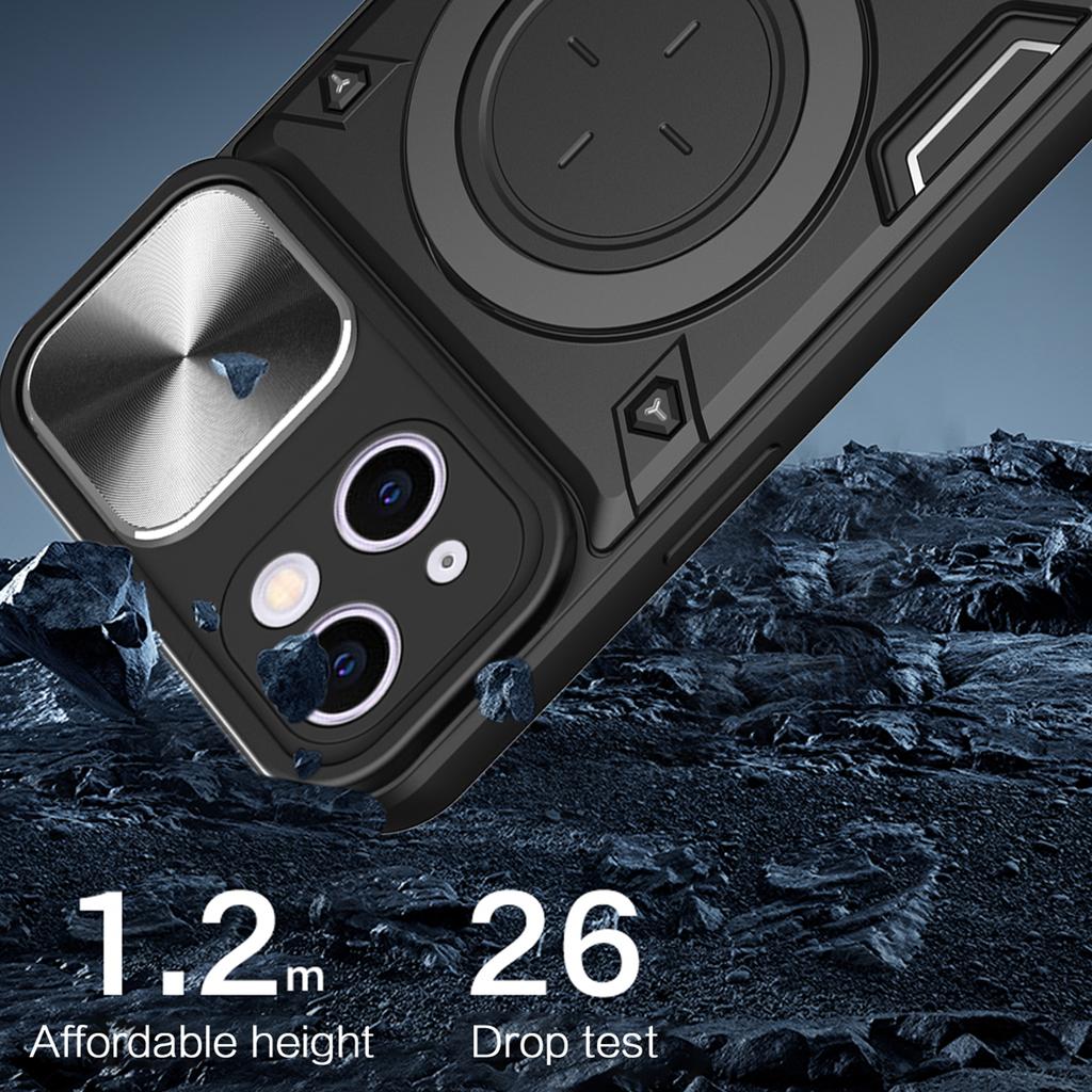 Dla iPhone 14 Przesuwana Osłona Aparatu Tylna Pokrywa PC+TPU Etui na Telefon z Obrotową Podpórką