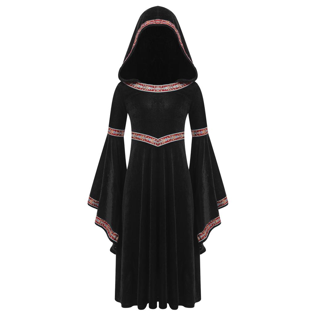 Kids Girls Halloween Princess Robe: Complete Medieval Cosplay Outfit with Hood, Trumpet Sleeves & Detailed Embroidery