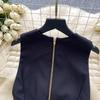 Summer V-neck Sleeveless Double Breasted Dress with Women's Niche Design High Waist A-line Vest Dress