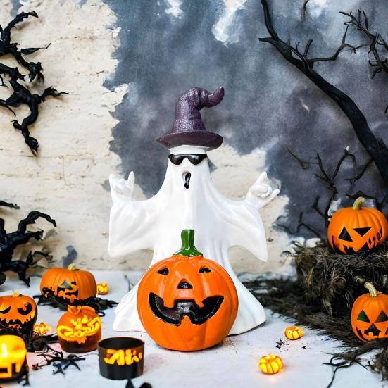 Halloweenská soška ducha a dýně, strašidelný klobouk čaroděje, sluneční brýle, pryskyřičná figurka ducha, socha, sváteční párty, domácí stolní dekorace, ozdoba
