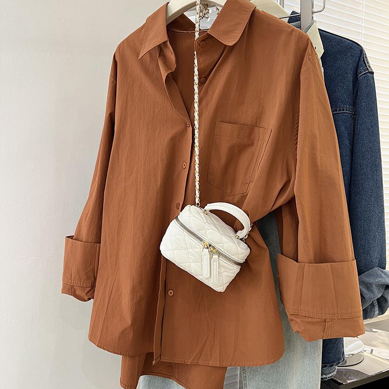 Caramel Mid-Length Women's Autumn Shirt Jacket - Casual, Long-Sleeved, Loose, Slimming Top