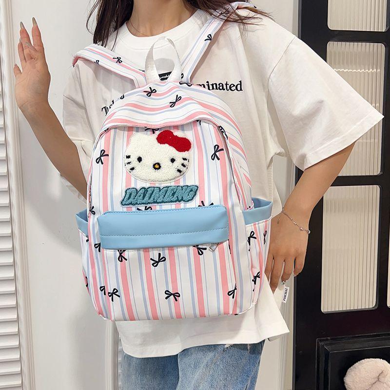 Schoolbag Japanese ins Cute Hello Kitty Striped Backpack Cartoon Puppy Bow Student School Bag Large Capacity Backpack