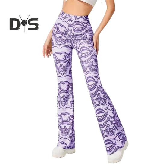 Women Yoga Pants High Waist Water Wave Striped Print Casual Trousers Running Cycling Flared Leggings Loungewear
