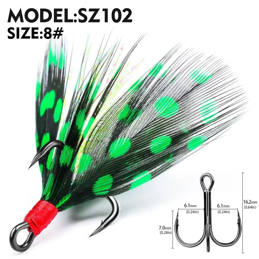 Größe 6#-10# Scharfe Drillinge mit Widerhaken Kohlenstoffstahlmaterial Feder-Jig Angelhaken Stärkedesign Federdekoration