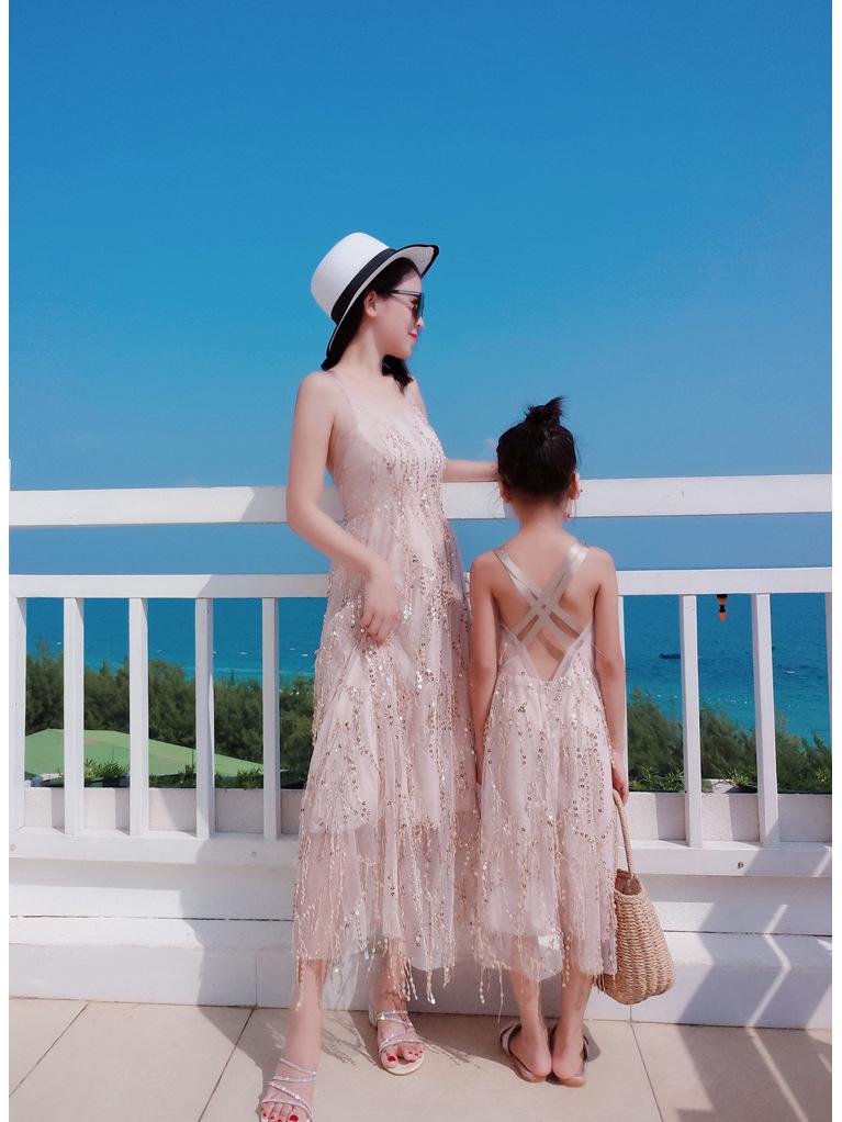 2023 Sequined Beach Dress: Mother-Daughter Backless Summer Maxi for Seaside Vacations