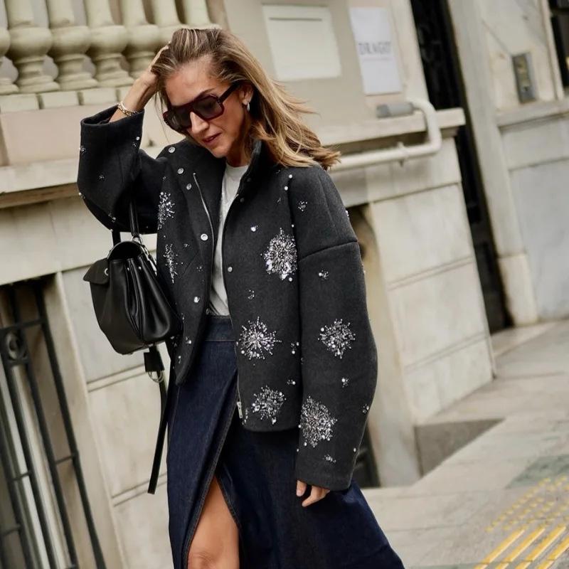 Abrigo Casual de Mujer Holgado con Bordados y Abalorios, Cuello de Solapa, Manga Murciélago, Chaqueta de Mezcla de Lana, Ropa Exterior de Primavera para Dama