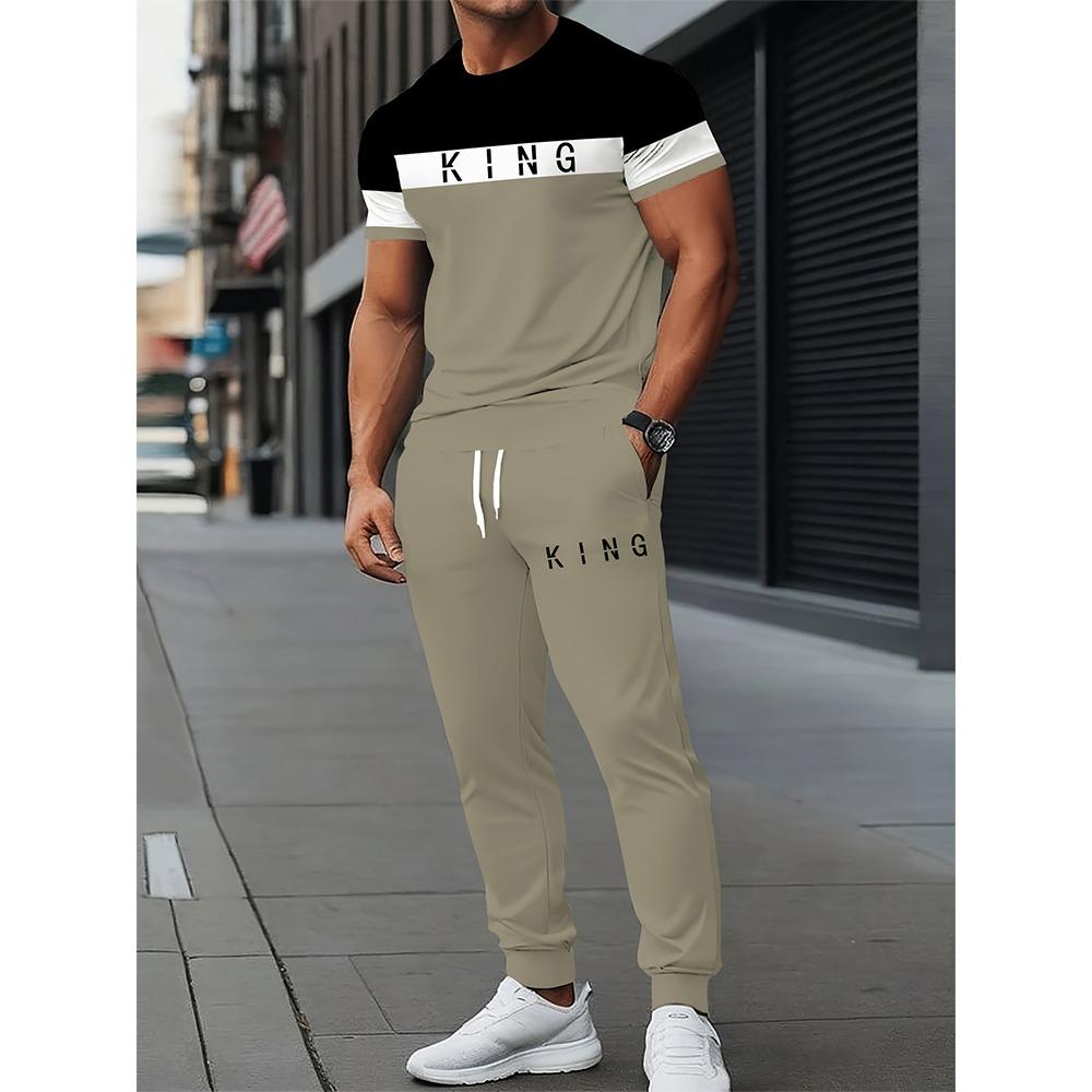 Simple Crown Printed Casual Men's Thin Short-sleeved And Long Pants, Urban Street Casual Men's Thin Long Pants Set