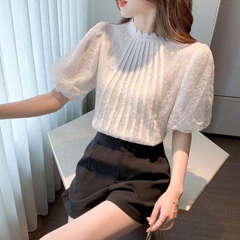 

French Fashion Professional Summer Lace round Neck White Fancy Accessible Luxury Lantern Short-Sleeved Lace Shirt All-Matching Base White(Figure) 2XL