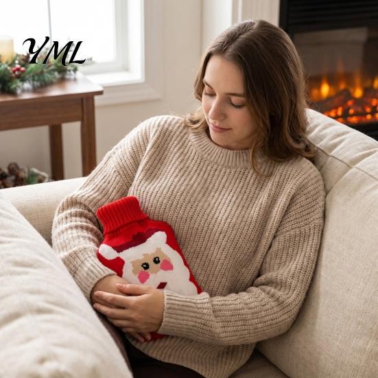 PVC Hot Water Bottle 1000/2000ML Christmas Bottle, Cartoon Bag with Knit Holiday Cover, Long Lasting Heat Retention, Winter Warm