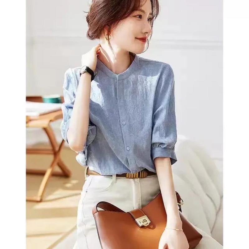 Women Summer Elbow Sleeve Linen Blouse Light Blue Stand Collar Casual S