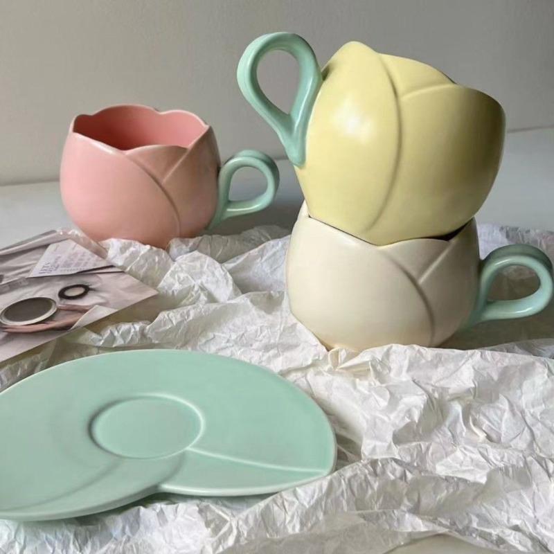 Tulip-Shaped Ceramic Coffee Cup & Saucer Set with Leaf Coaster, 100ml Elegant Espresso Tea Cups, Aesthetic and Practical