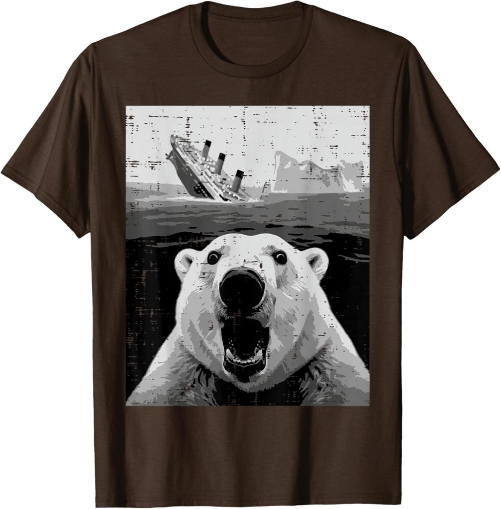 Polar Bear Sinking Titanic Meme Graphic Tee Funny Casual Short Sleeve TShirt for Men Women