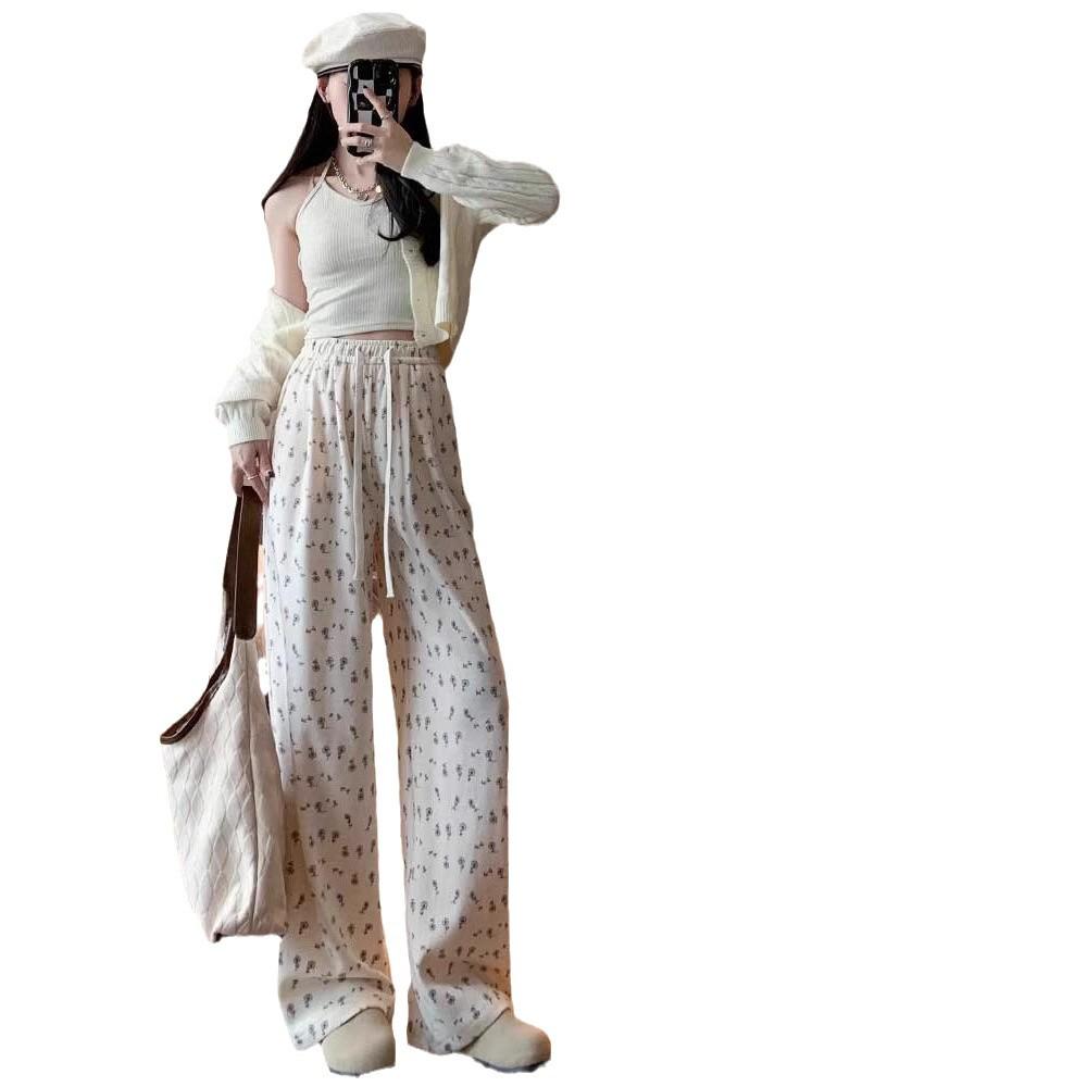 Petite White Floral Women's Summer Sweatpants, Thin Wide-Leg Loose Fit Joggers, XS