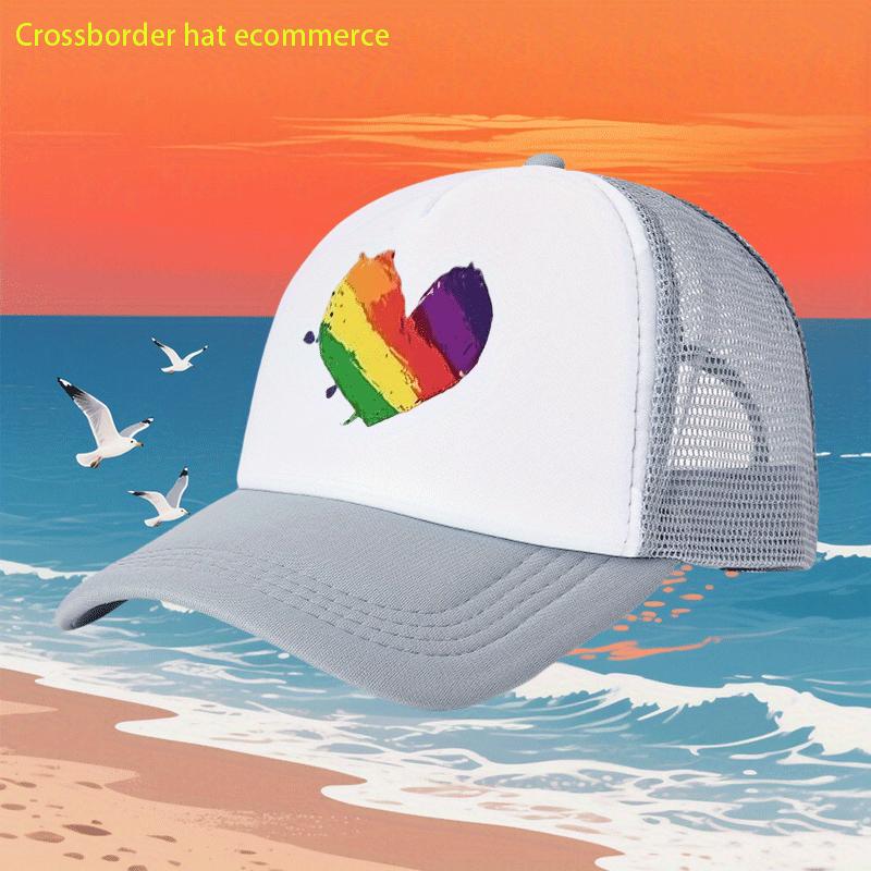 Rainbow Heart Print Breathable Mesh Trucker Hat Adjustable Polyester Casual Baseball Cap for Adults