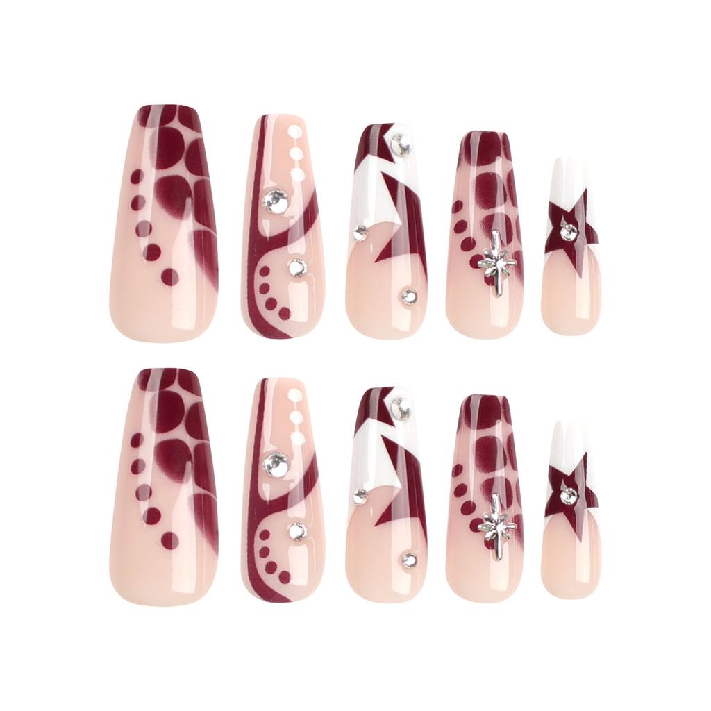 Woman Long French False Nail Star Pattern Nude White Red Resin Artificial Nail for Salon Expert and Naive Women