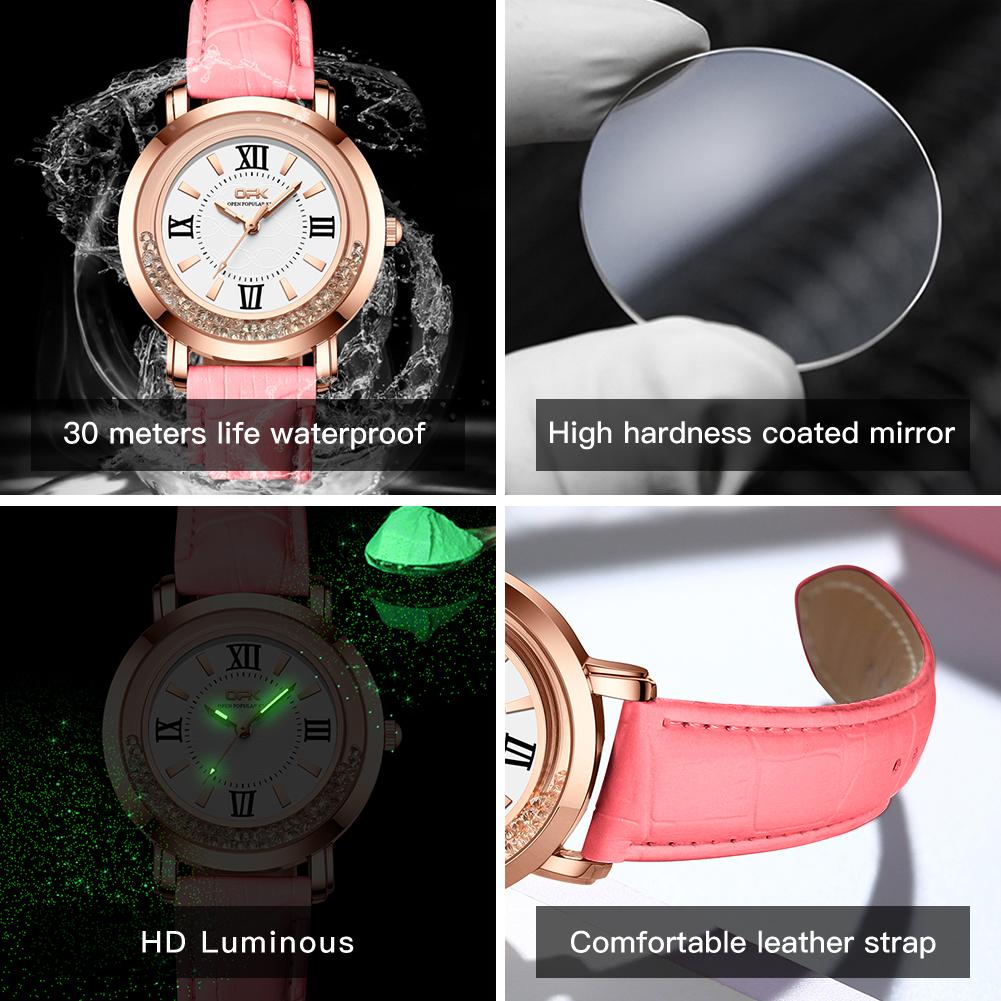 OPK 8611 Fashion Quartz Watch for Lady Diamond Bezel Leather Strap Waterproof Luminous Original Women's Dress Wristwatch