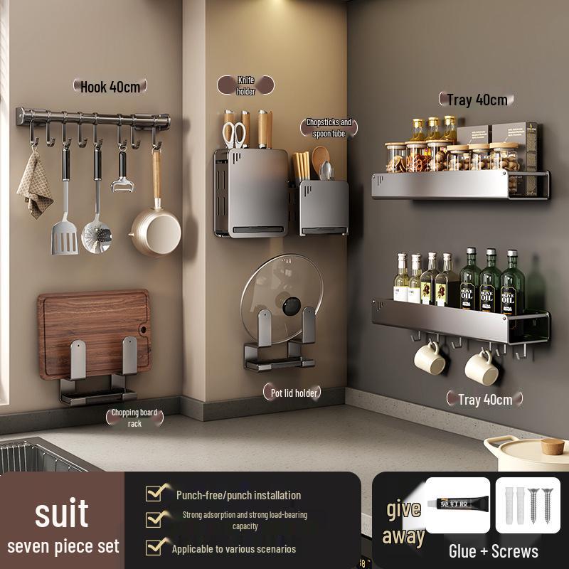 No-Drill Wall-Mounted Kitchen Storage Rack: Multifunctional Holder for Knives, Chopsticks, Pot Lids, and Seasoning Condiments