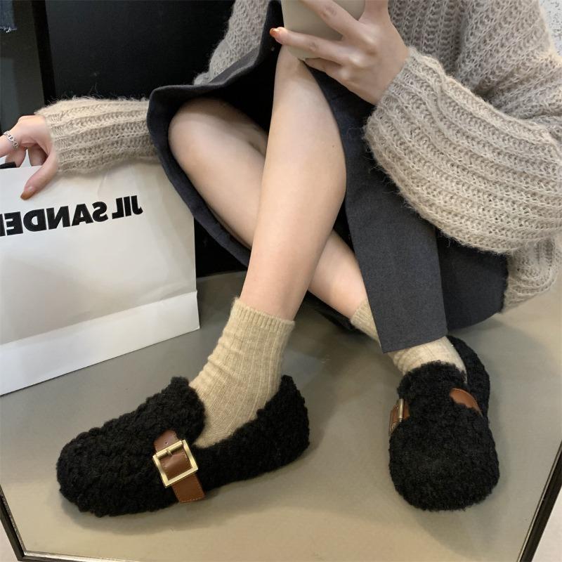 One Pedal of Fluffy Shoes for Women, Winter New Gentle Beanie Shoes for Women, Velvet Cotton Shoes