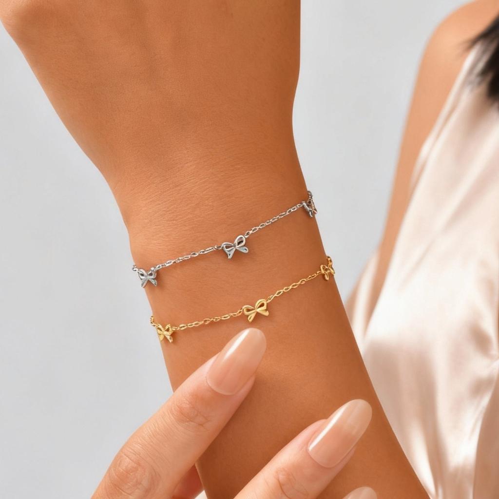 Classic Dainty Gold Plated Bowknot Bracelet for Women , Stainless Steel Thin Chain Bow Charm Bracelet, Minimalist Trendy Jewelry