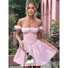 Babyboo French Style Young Adult Ballet Style Pure Desire Sweet off-Shoulder Puff Sleeves Shoelace Waist Short Dress