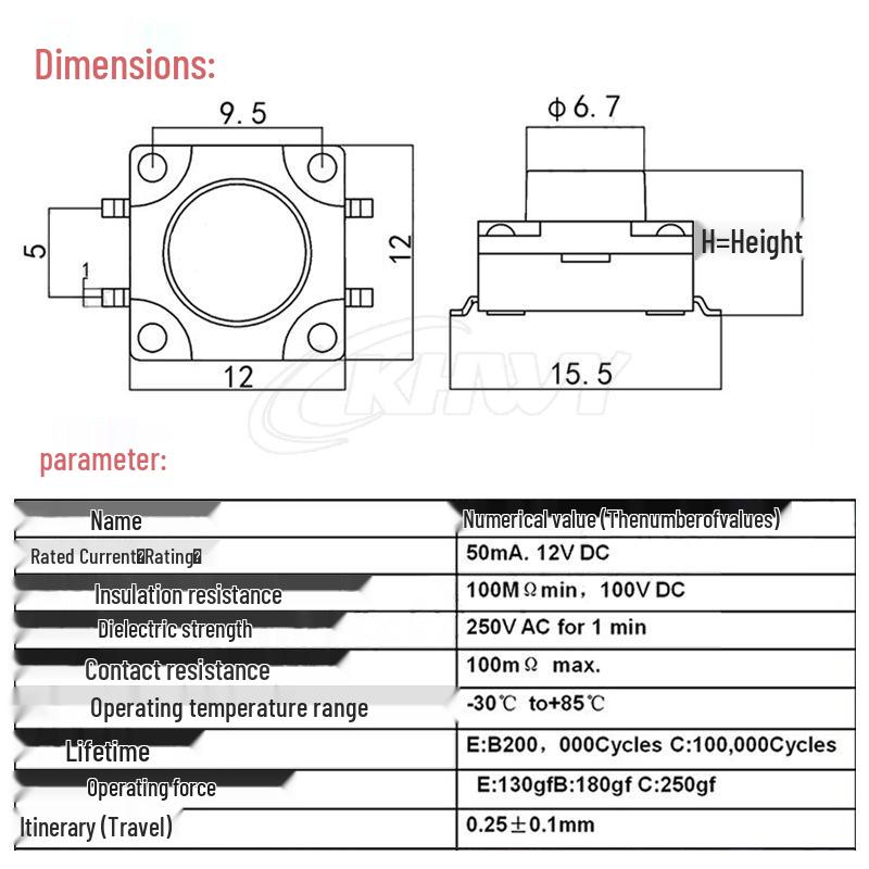 Waterproof Dustproof Tactile Switch: 12x12 Mm In Various Heights (5.8/6/7/8/9/10 Mm)