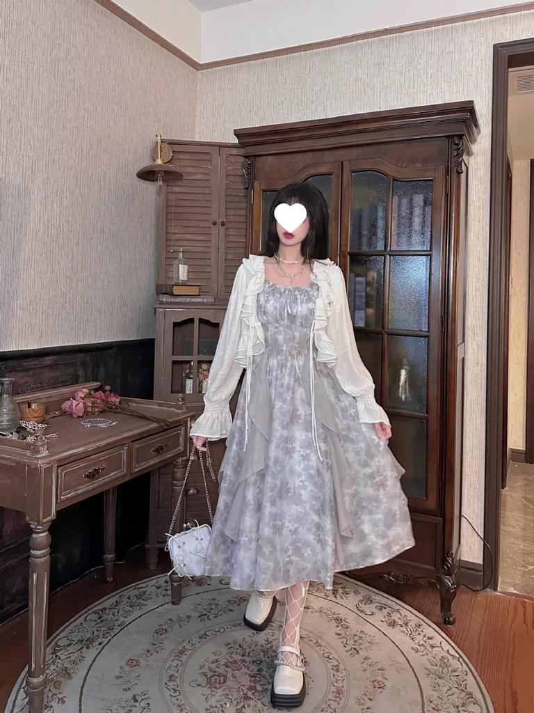 Misty Rain Gray Tie-Dye Off-Shoulder Dress & Summer Cardigan Two-Piece Set