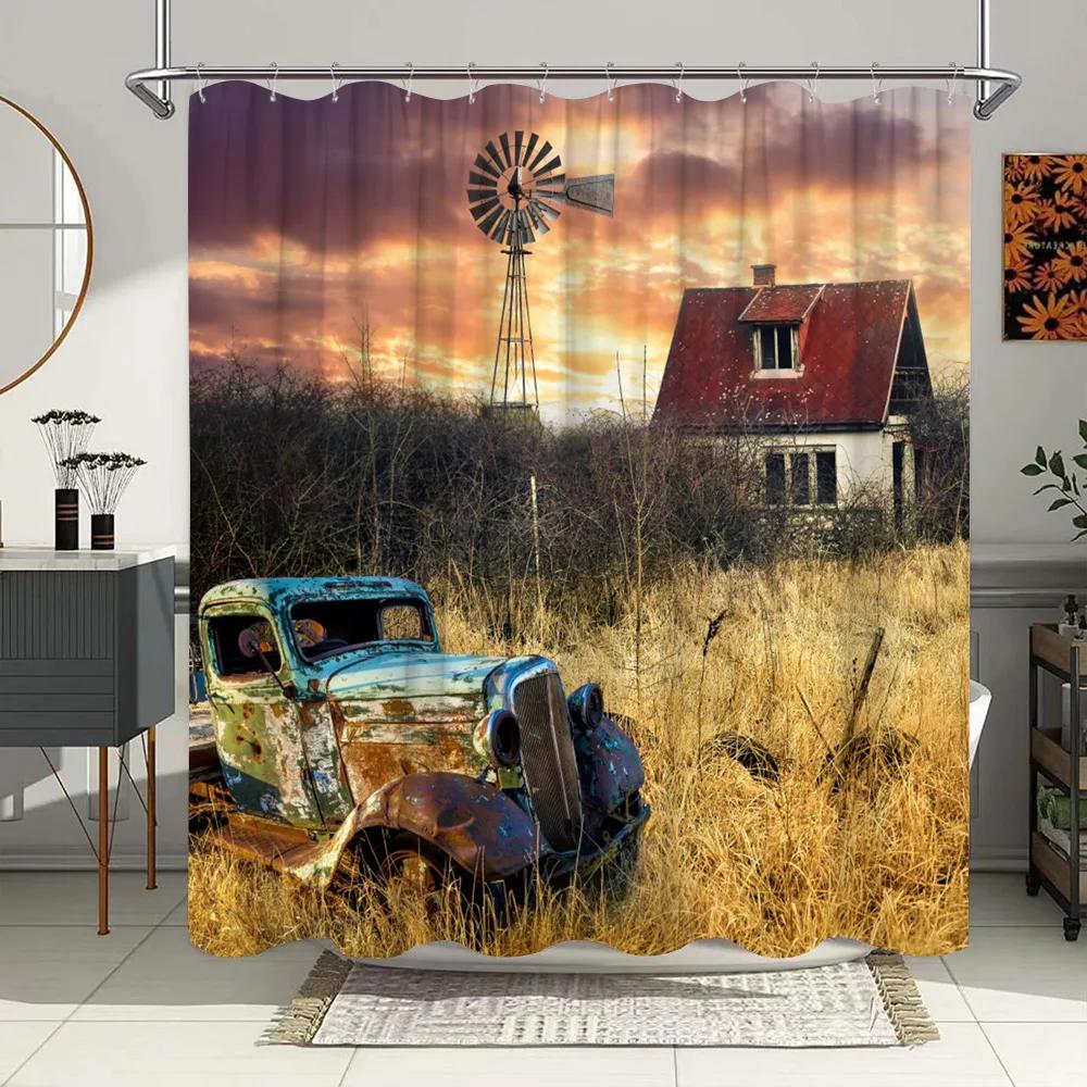 

Antique Car Shower Curtain Vintage Classic Old Truck Car On Farm Field Retro Rustic Farmhouse Fabric Bathroom Decor Curtain Hook W60H190(CM)-1 Pcs