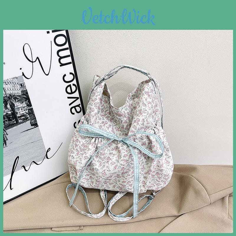 Style Nylon Flower Bow Pattern School Bag With Large Main Compartment And Mobile Pocket