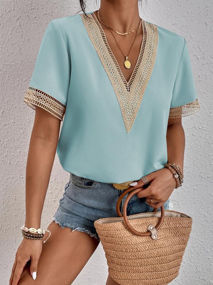 Women's V-Neck Lace Loose Top Commuter Short Sleeve Shirt Women's Splicing Design