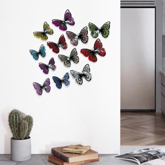 6 Pcs 3D Butterfly Wall Stickers Double-Layer Wing Butterfly Wall Art Glitter Sequined Removable Hollow Mural Decals for Birthday Cake Decoration
