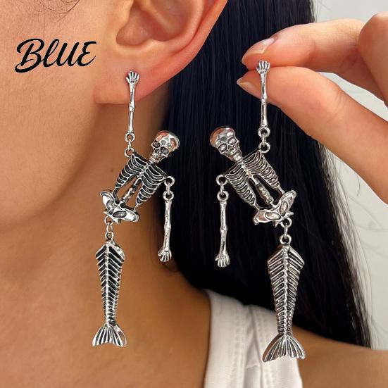 Long Draped Skull Earrings 1 Pair Gothic Skeleton for Women Spooky Articulated Dangle Jewelry Punk Halloween Party Costume Accessories Niche