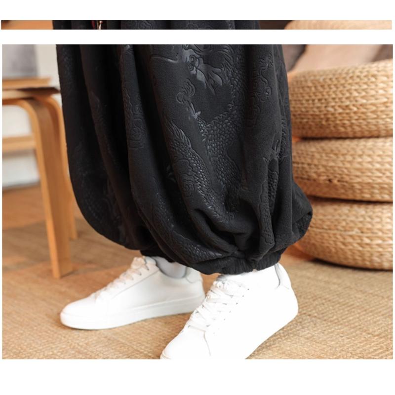 Men's Chinese Style Jacquard Lantern Pants Casual Loose Wide Leg Bloomers With Tassel Drawstring For Daily Wear