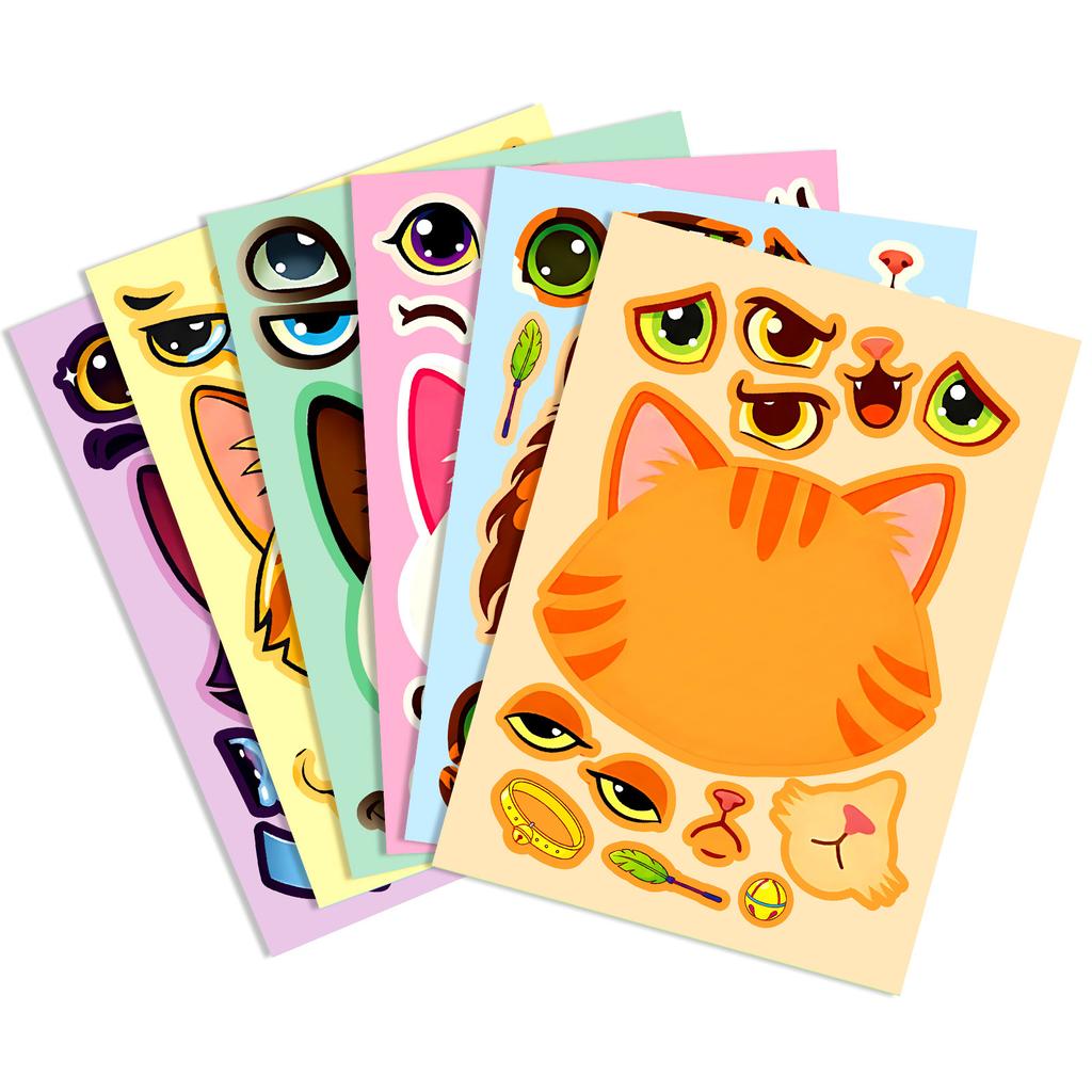 6 Sheets/Pack Cartoon Cat Head Facial Features Puzzle Face Change Sticker Children'S Fun Handmade Toy Sticker Batch