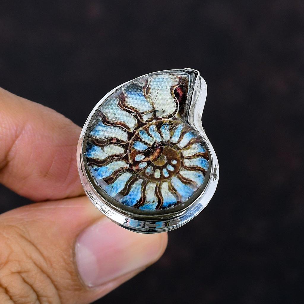 Sky Shade Ammonite Fossil Ring Handmade Ring Genuine Gemstone Jewelry 925 Sterling Silver Ring Adjustable Ring Wedding Gifts Statement Ring