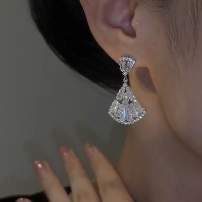 Super Flash Light Luxury 111 Silver Needle Fan Earrings, Simple Design Stud Earrings Temperament Earrings