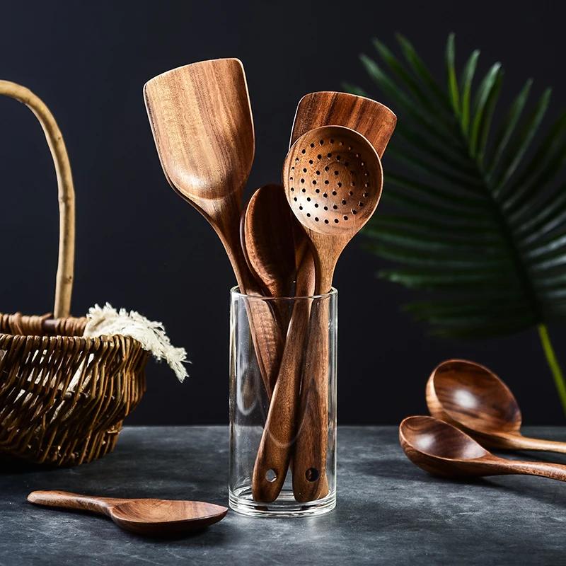 Thailand Teak Natural Wood Tableware Spoon Ladle Turner Long Rice Colander Soup Skimmer Cooking Spoons Scoop Kitchen Tool Set