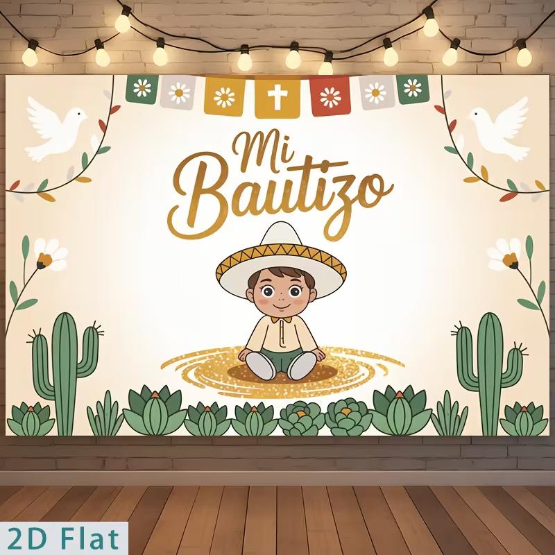 

2D Mi Bautizo Photography Backdrop, Neutral Beige Cactus and Dove Baptism Background 47.2x31.5inch/120*80cm