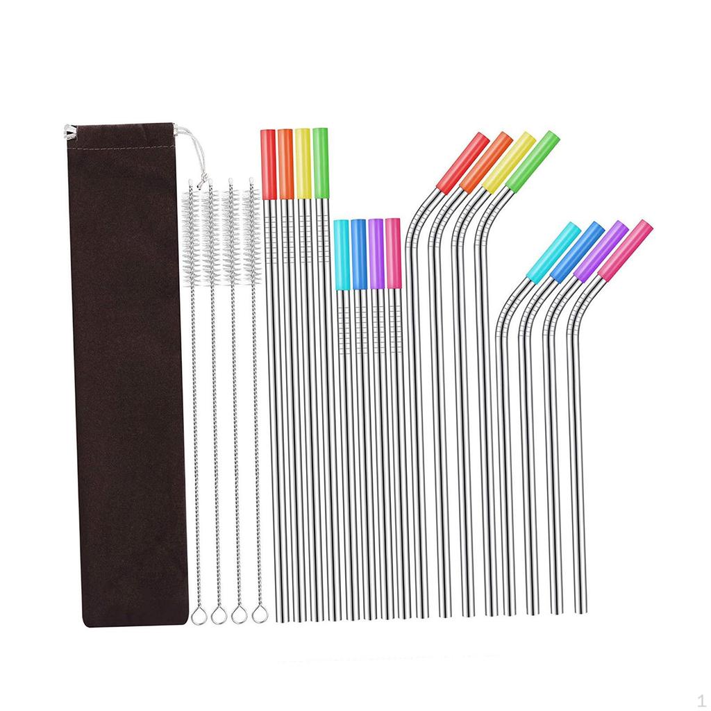 16 Pieces Metal Straws, Colorful Travel with Cleaning Brush Stainless Steel Straw Set Reusable