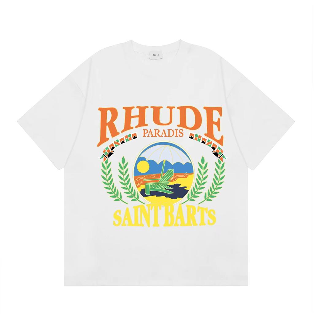 2025 Trendige Marke RHUDE Buchstaben-Mikro-Logo-Muster Kurzarm-T-Shirt Herren-Tee Damen Amerikanische High Street Halbarm-Oberteile