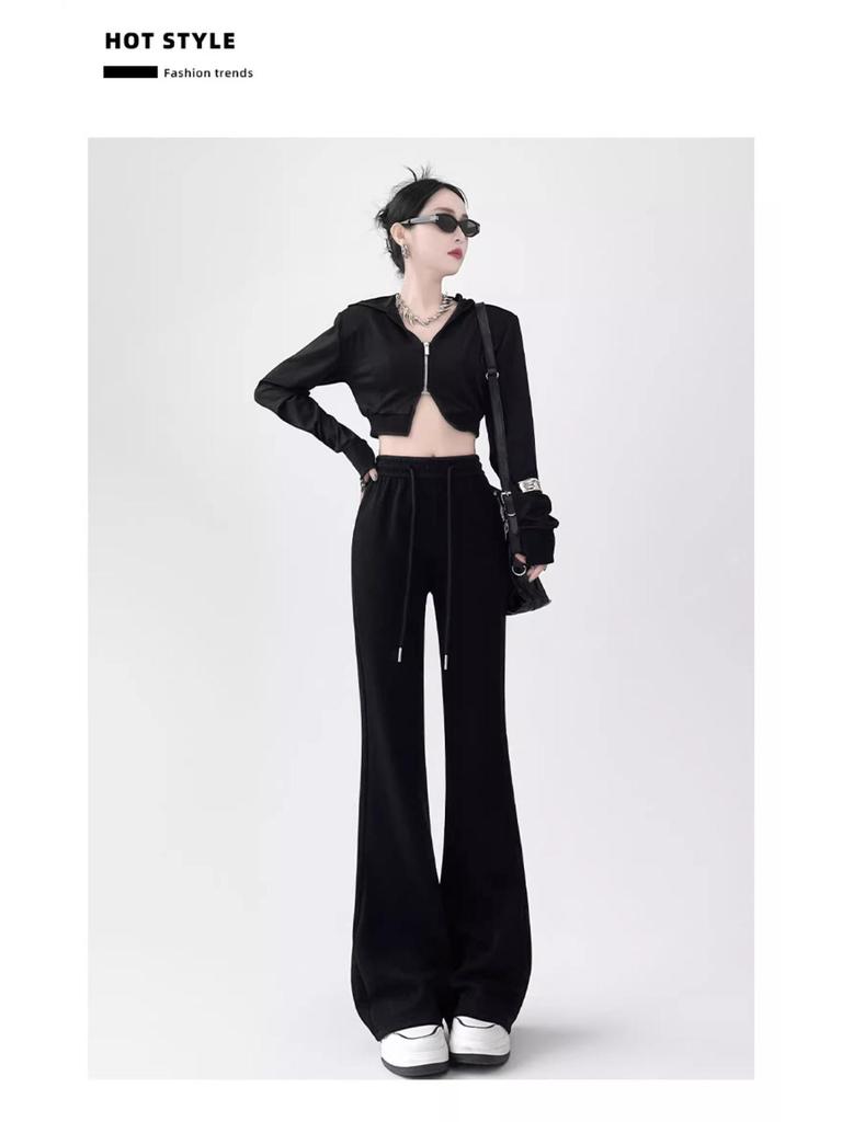 2024 Women's American Retro Petite Slimming Sports Pants, Spring/Autumn, Micro Flare with Drawstring